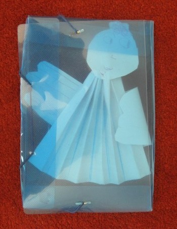 origami angel inside a plastic case